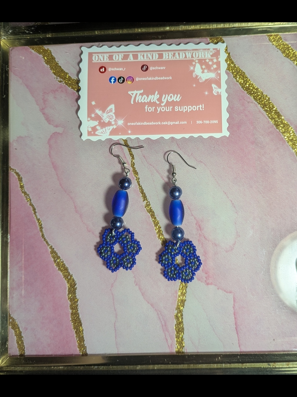 Royal Blue Beaded Floral Drop Earrings